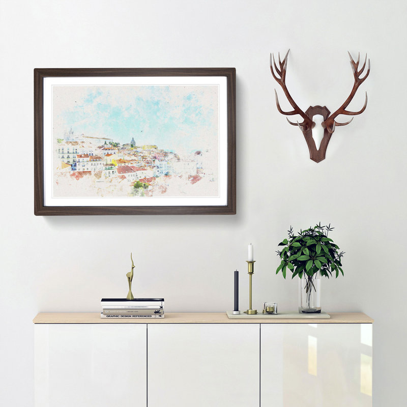 Skyline of Alfalma Lisbon Portugal - Picture Frame Painting Print, Walnut Framed, 62cm H x 87cm W x 2cm D