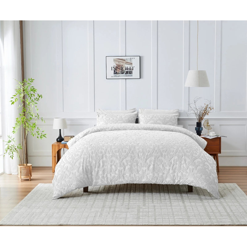 Bedding, Double Duvet Cover + 2 Standard Pillowcases, WHITE Damask