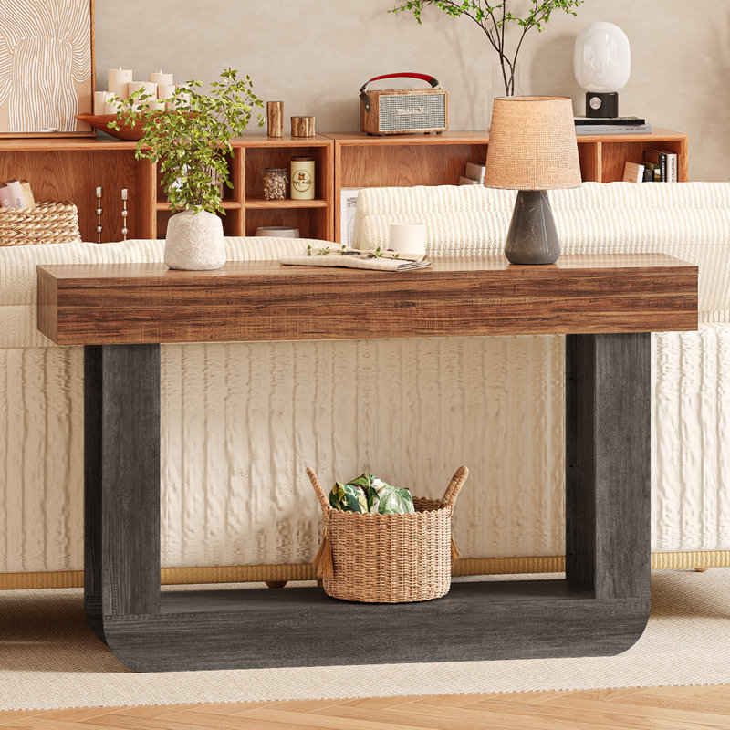 54"Narrow Console Table with U-Shaped Pedestal, Dark Brown, Gray