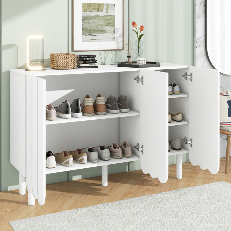 Armoire à chaussures ON-TREND style crème minimaliste avec 5 pieds en bois massif, Blanc