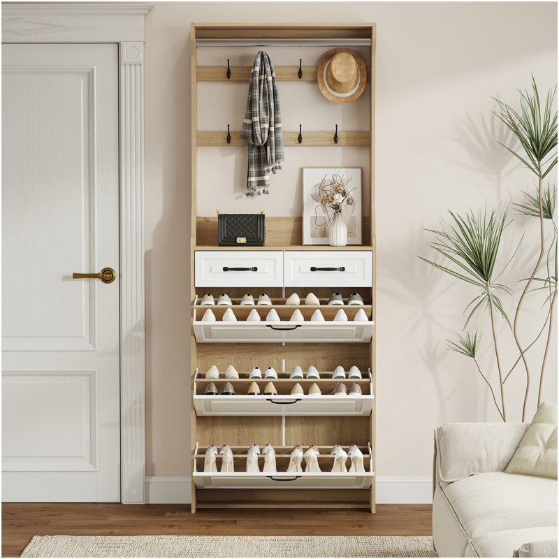 NEW OAK Color Shoe Cabinet  With 3 Doors 2 Drawers With Hanger,Large Space For Storage, White/Oak