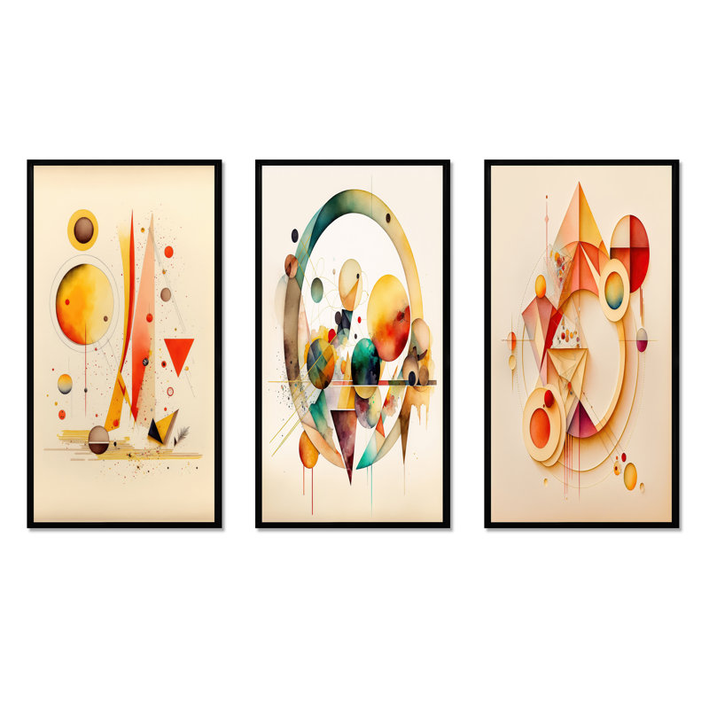 "Abstrait géométrique", 3 pièces sur toile, Noir, H 32 po x l 48 po
