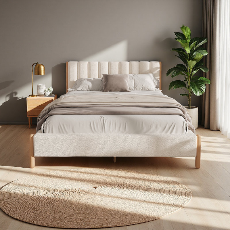 Dawnn Boucle Upholstered Bed With Thick Headboard & Wooden Legs, Queen