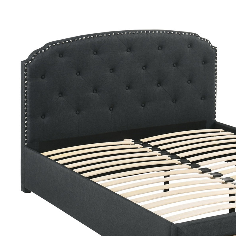Tissu 1pc lit simple avec tiroir et capitonnage avec tête de lit et mobilier de chambre à coucher, Gris anthracite, Simple