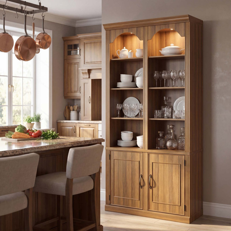Grande armoire à vin avec lumières, 8 tablettes ouvertes et rangement inférieur, Brun