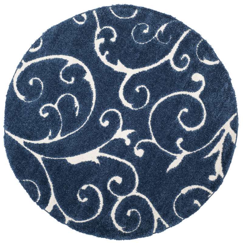 Amza Area Rug, Round 8', Dark Blue/Cream