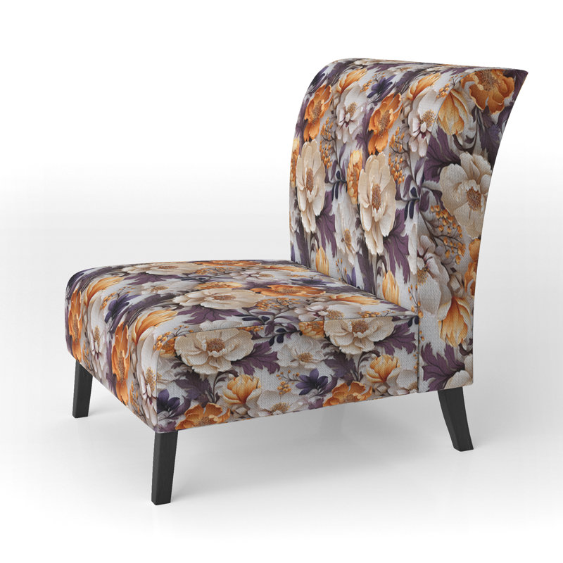 Beige And Purple Cottage Flowers Composition - Velvet Upholstered Farmhouse Slipper Chair, Rustic Floral Accent Chair