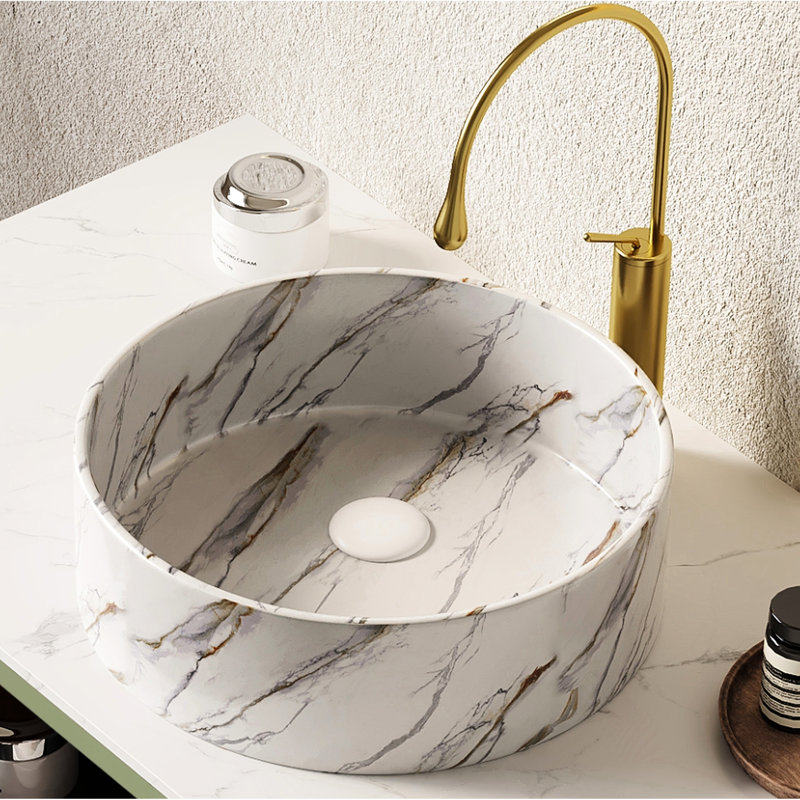 Glossy White Round Ceramic Bathroom Sink With Stone Pattern, 14'' Size, One - Piece Design, Stain , Fits On Different Countertop Surfaces Proof, No Faucet Supplied