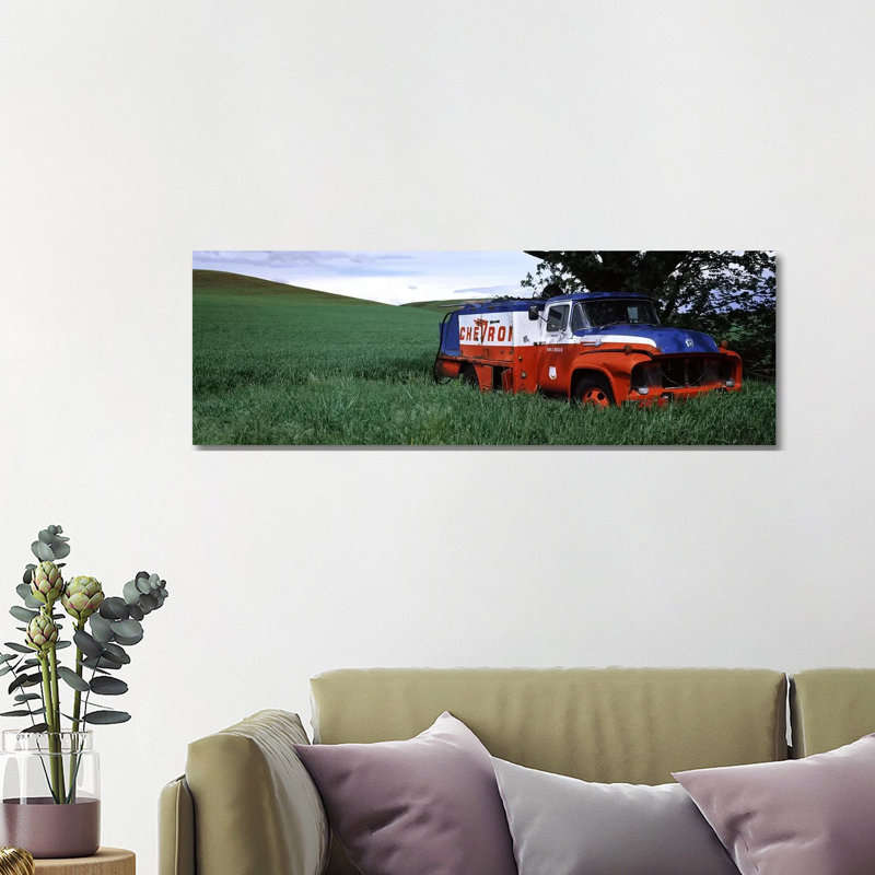 Antique Gas Truck on a Landscape, Palouse, Whitman County, Washington State, USA 1 Piece Wrapped Canvas Panoramic Wall Art