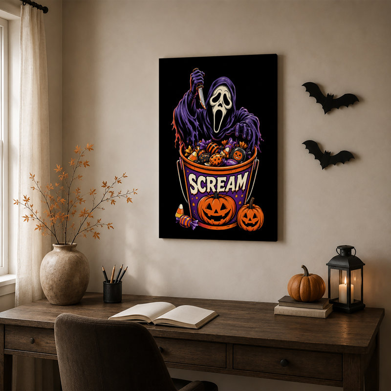 Art mural sur toile, "Screaming Ghost Face" avec couteau et seau à bonbons, H 18 po x l 12 po