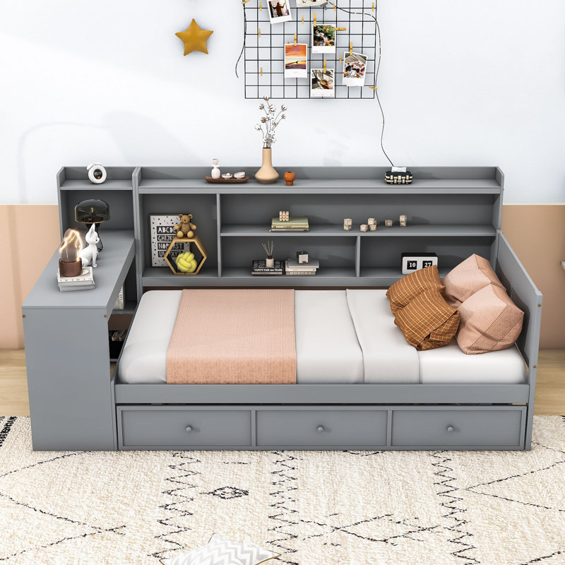 Wooden Daybed With Three Drawers, USB Ports and desk, Gray, Twin