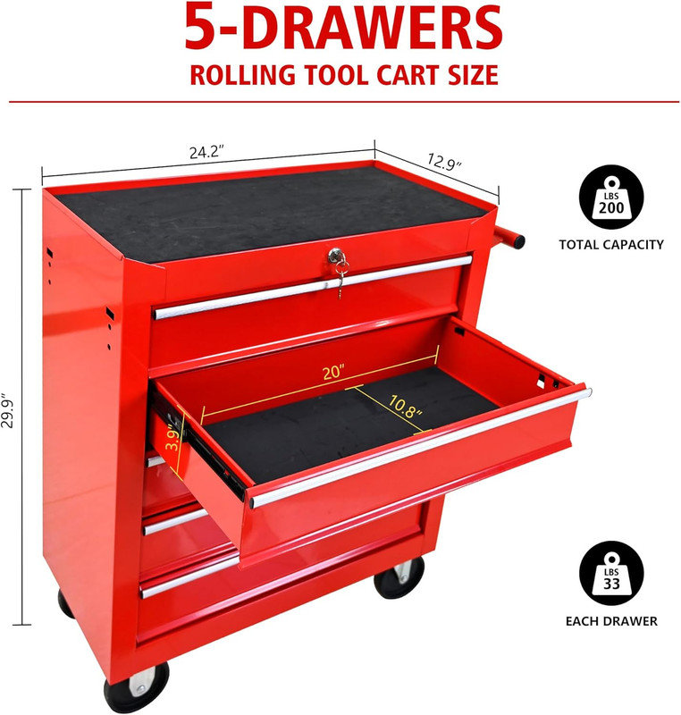 Coffre à outils à 5 tiroirs avec 7 plateaux de rangement et roues, chariot à outils roulant pour atelier de garage, Rouge