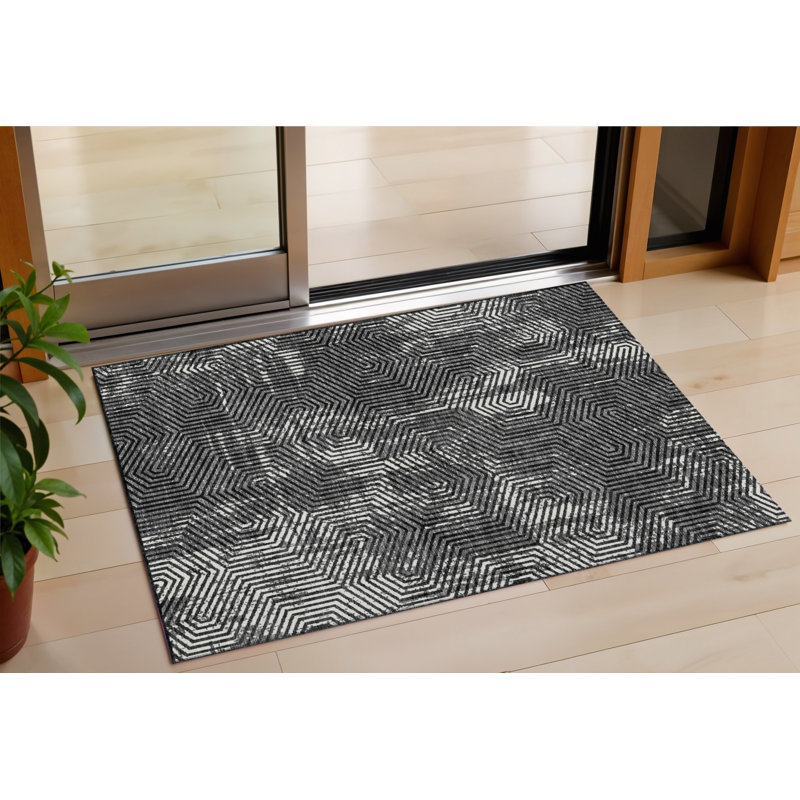 3' X 5' Black And Ivory Geometric Washable Indoor Outdoor Area Rug