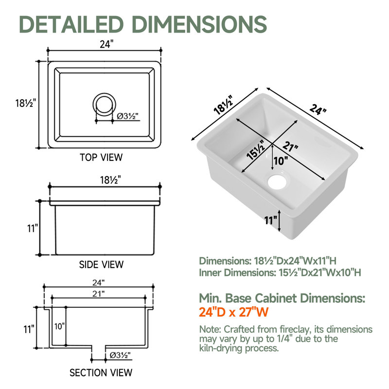 24"Lx19"W Fireclay Undermount Kitchen Sink, Drop In Kitchen Sink White Single Bowl, Dual Mount, for Kitchen & Laundry, Included 2 Custom Accessories