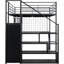 Lit mezzanine double en métal pleine grandeur noir avec poste de travail intégré, garde-robe et salle de jeu éclairée à DEL