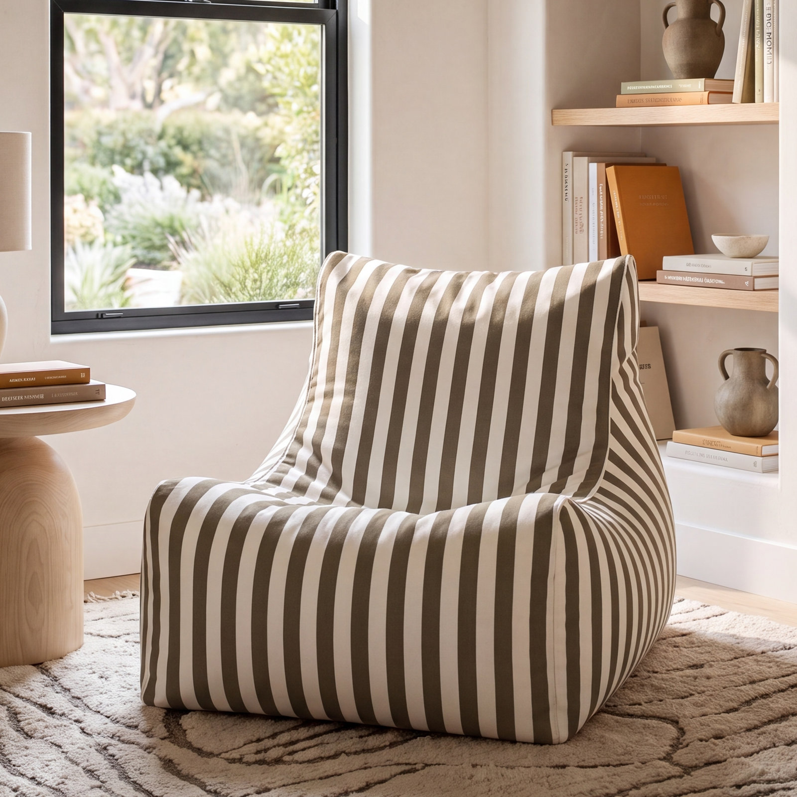 Ponce Outdoor Bean Bag Chair, Taupe Striped Acrylic