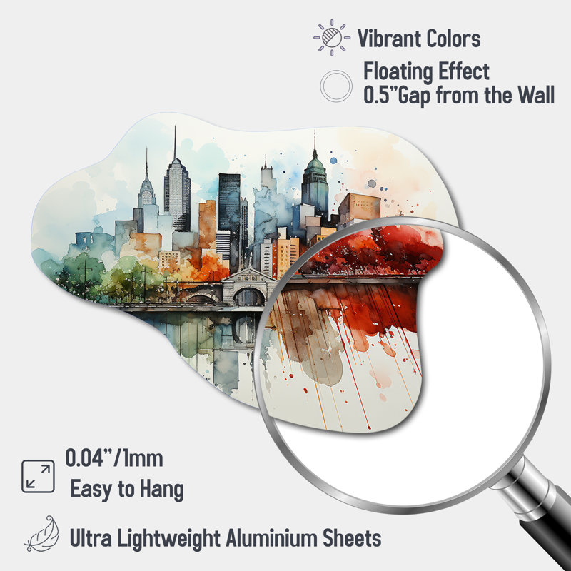 «Colorful Nyc Cityscape Watercolor I - Cloud New York City», art mural en métal, reproduction de sculpture murale asymétrique
