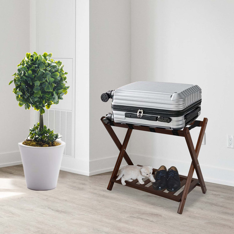 Porte-bagages pliable en bois avec tablette, Brun, Ensemble de 1