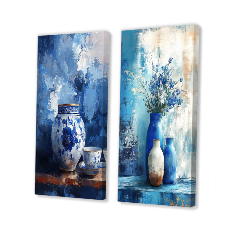 Ensemble de 2 pièces d'art mural bleu et blanc Boho Pottery I - Boho Pottery, Toile tendue, H 28 po x l 24 po
