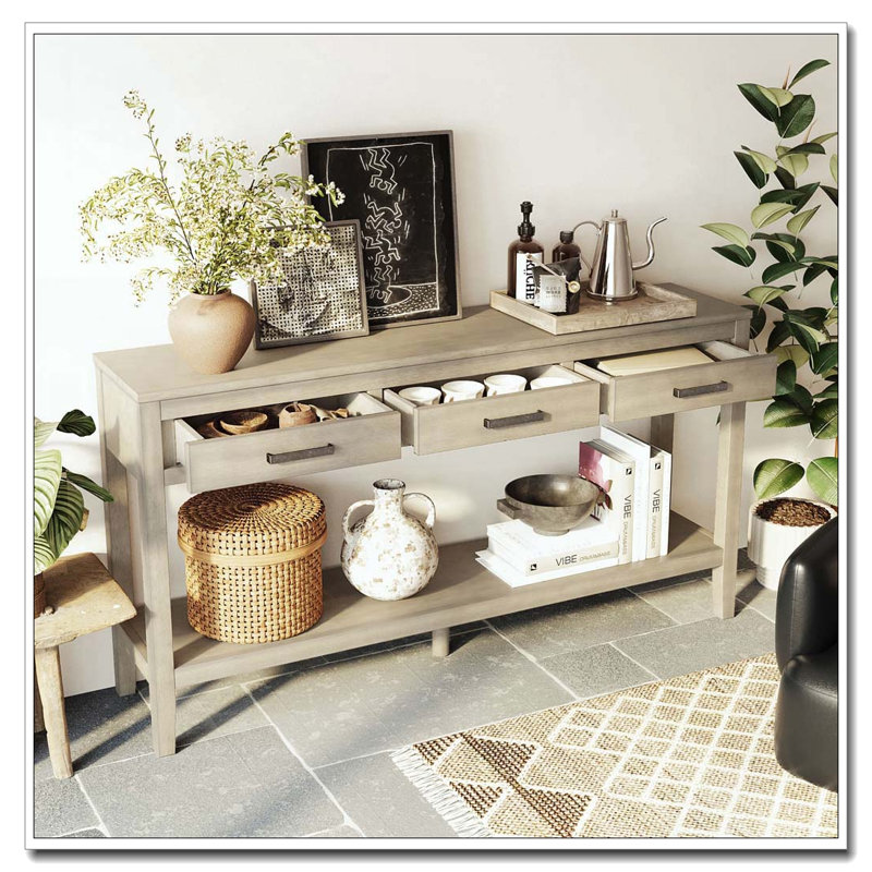59.1'' Farmhouse Entryway Table with 3 Drawers, Painted Console Table, Gray