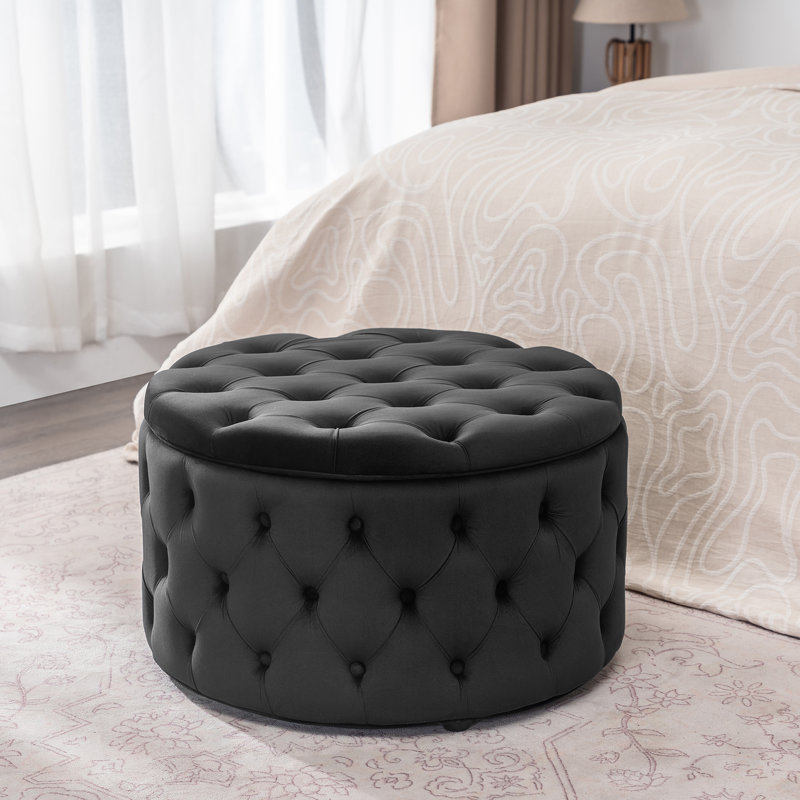 Amram Tufted Round Storage Ottoman, Black Velvet