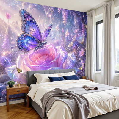 Peler et coller papier peint fantaisie papillon bleu mauve scintillant rose rose jardin magique art mural auto-adhésif et amovible