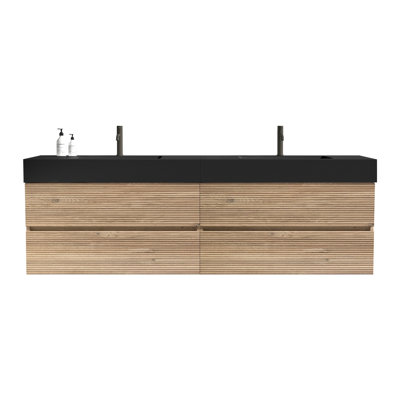 Meuble-lavabo flottant mural 72 po Grace avec lavabo en quartz noir mat et tiroirs noirs doux, lavabo une pièce, KD