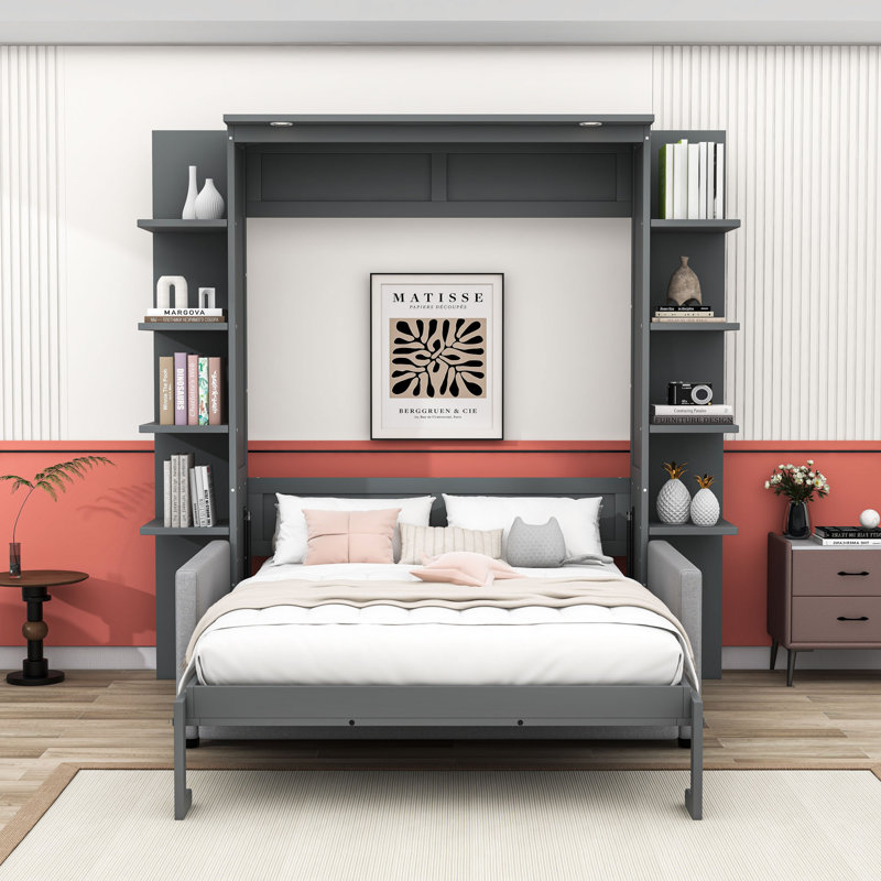 Grand lit escamotable avec canapé intégré, mécanisme de levage facile et design élégant, Gris