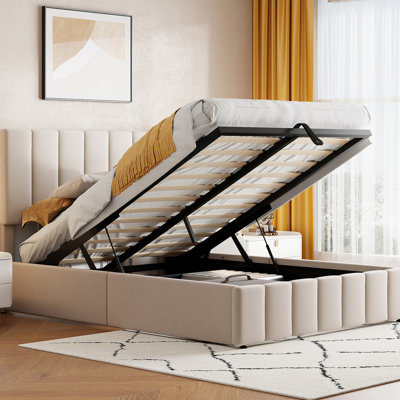 Upholstered Platform Bed In Beige For Enhanced Storage Bedroom