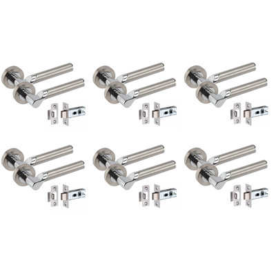  6 Pairs Titan Design Door Handles on Round Rose in Satin Nickel Polished Chrome with 2.5" Tubular Latch - 52mm Diameter