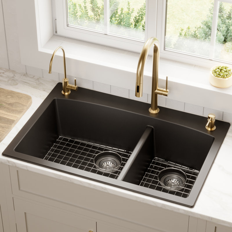 Ensemble d'évier de cuisine à double cuve à montage sur le dessus 60/40 Karran Quartz 33 "X 22", Noir