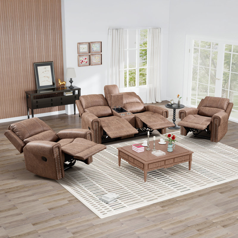 Ensemble de salon inclinable manuel en similicuir 3 pièces avec porte-gobelets et rangement, Brun