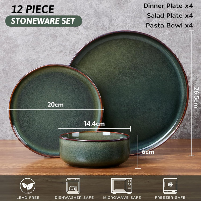 Stoneware Dinnerware - Service for 4, Moss Green