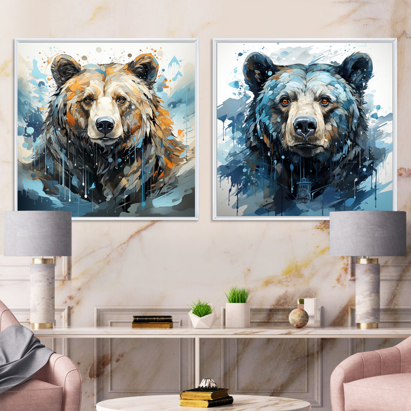 Représentation abstraite d'un mouvement d'ours - ensemble de 2 animaux, H 16 po x l 33 po, Cadre flottant blanc