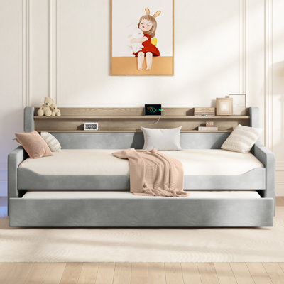  Wingback Upholstered Daybed with Twin Trundle Bed,Gray
