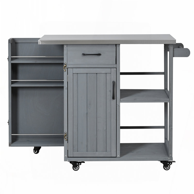 Outdoor Kitchen Island Fir Wood Prep Station Lockable Kitchen Cart with Stainless Top, Ample Storage Space, Grey