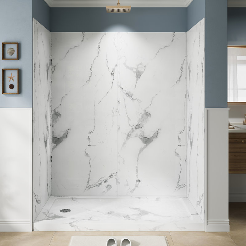 36" D X 60" W X 80" H 4-Piece Shower Wall Panel Surround Kit in Carrara White, Quick Install and Trimmable, 3/16" (5mm) Thick.