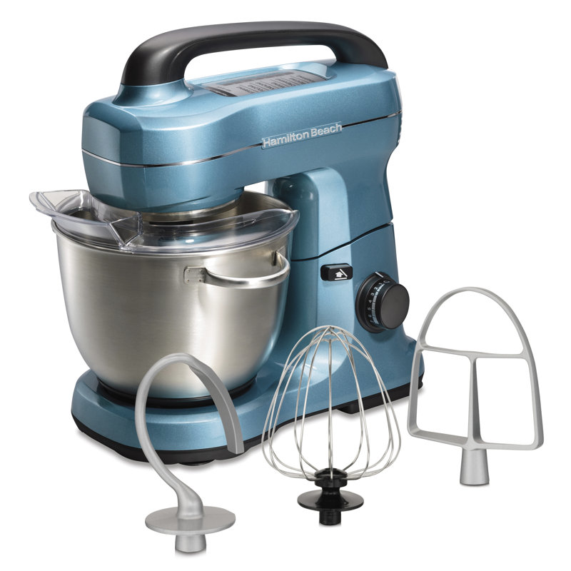 Hamilton Beach Electric Stand Mixer, 4 Quarts, Dough Hook, Flat Beater Attachments, Splash Guard, 7 Speeds with Whisk, Easy-Carry Top Handle, Blue 63393G
