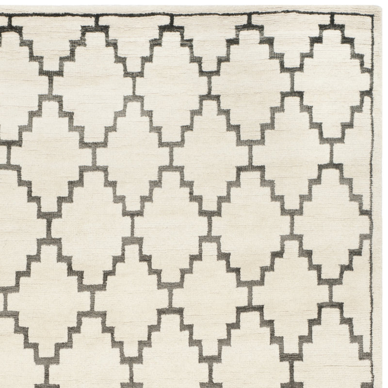 Ivory and Charcoal Hand-Knotted Wool Geometric Rug, 4' x 6'