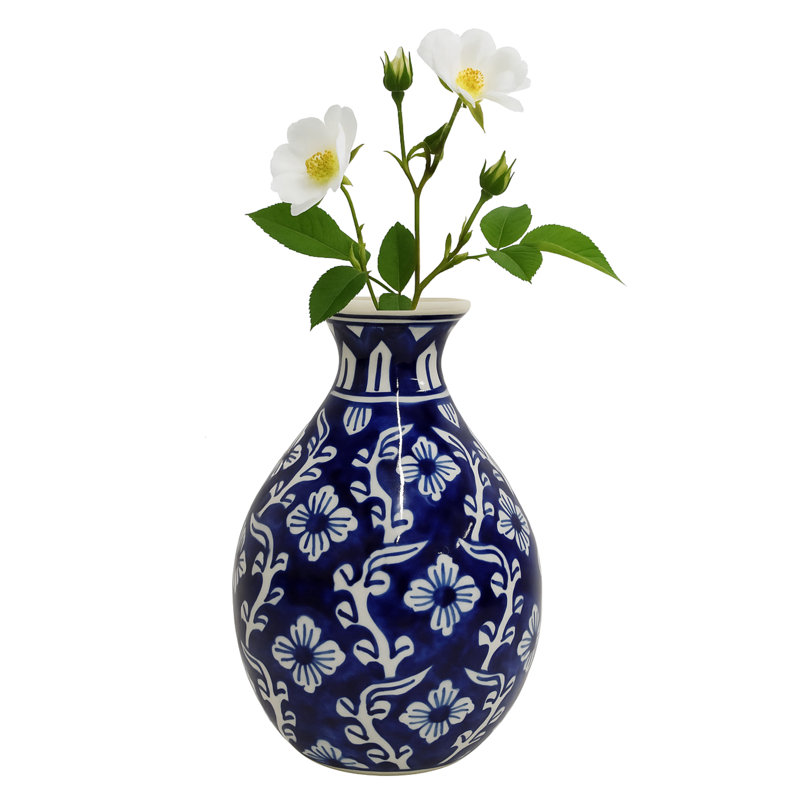 Home&Manor Ceramic Bottle Vase Blue/White, Blue/White