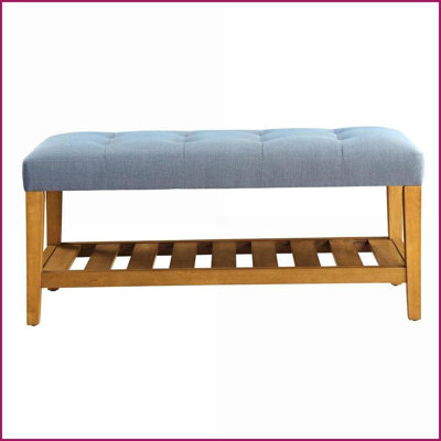 Light Grey Tufted Padded Bench with Wood Frame &amp; Open Storage | Contemporary | Wood+Fabric