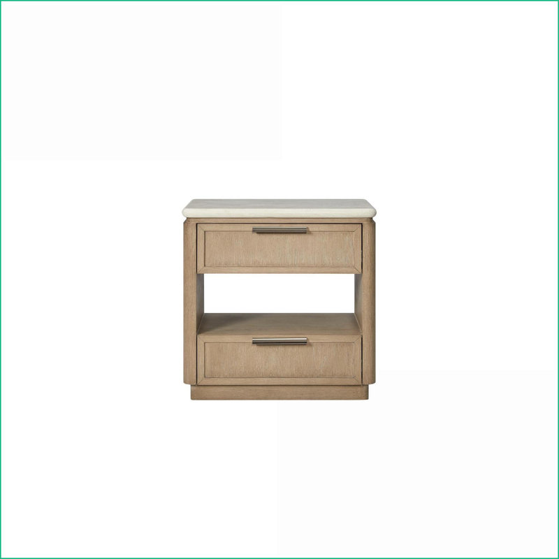 Table de chevet 2 tiroirs avec façades en corde, placage de chêne et amp; Port USB