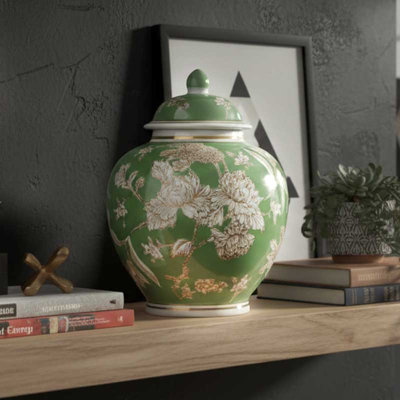 Classic Green Floral Ceramic Ginger Jar 10"