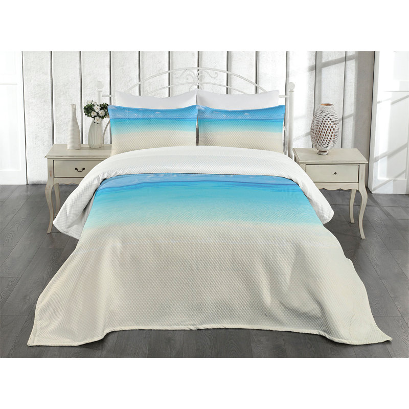 King Size White Quilted Bedspread Set with Coastal Print