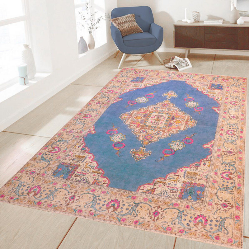 Tapis bleu / beige en laine noué à la main 7 pi 10 po x 10 pi 11 po Madon