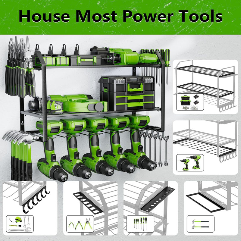 Heavy-Duty Wall-Mounted Tool Organizer With 3 Layers, 5 Slots For Drills And Multiple Tool Storage