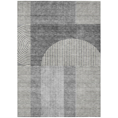 3' X 5' Silver Geometric Washable Indoor Outdoor Area Rug
