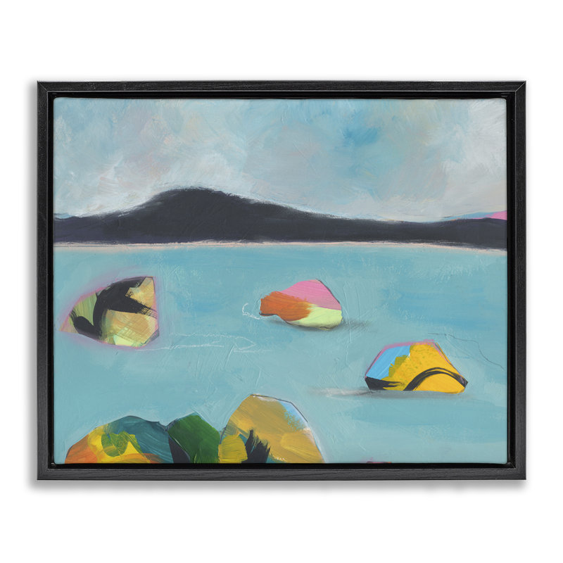 Abstrait, "Sea Buoys", art mural encadré par Jan Weiss, Cadre flottant noir de jais, H 17 po x l 21 po