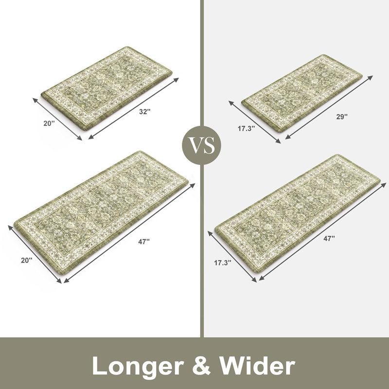 Boho Vintage Kitchen Rugs Sets of 2 Comfort Standing Mat, Green, 119cm L x 44cm W