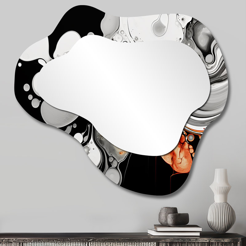 Grand miroir mural gris et noir à encre liquide Fusion III - formes abstraites modernes et irrégulières, 25 po x 28 po
